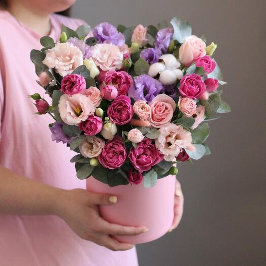 Delicate box with peony roses and tulips
