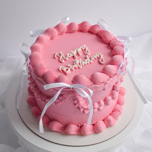 Торт розовый в стиле ламбет с бантиками Happy birthday от 1,5кг