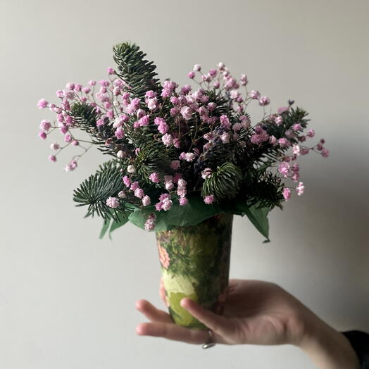 Композиция в стакане (Нобилис, гипсофила, лаванда сухоцвет)