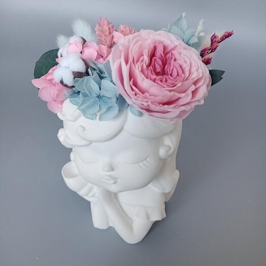 Композиция из стабилизированных цветов с розой и гортензией, букет в подарок девушке, жене