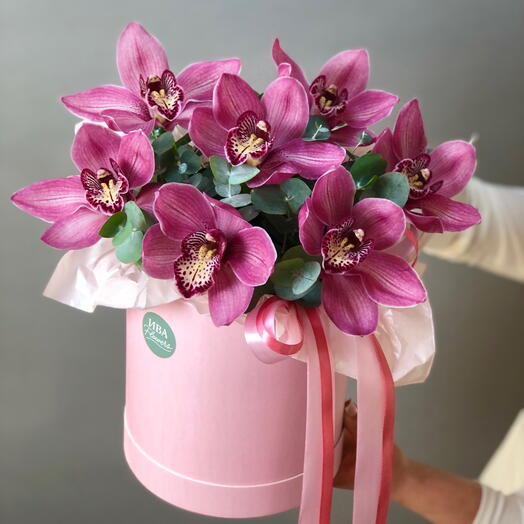 Орхидеи с эвкалиптом в коробке стойкий букет🌸
