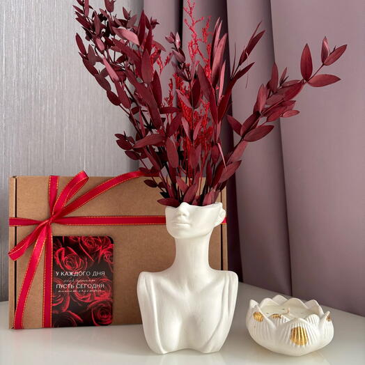 Ваза для сухоцветов,  свеча-лотос с ароматом «Грейпфрут и мята» и сухоцветы ( эвкалипт и лагурус)