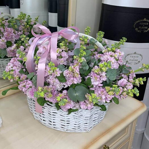 Розовые маттиолы в корзине - 51 шт