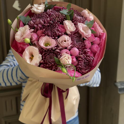 Burgundy bogudi chrysanthemums,  spray rose and lisianthus mix