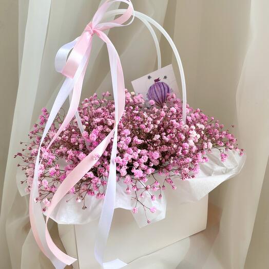 Delicate handbag made of pink gypsophila flowers