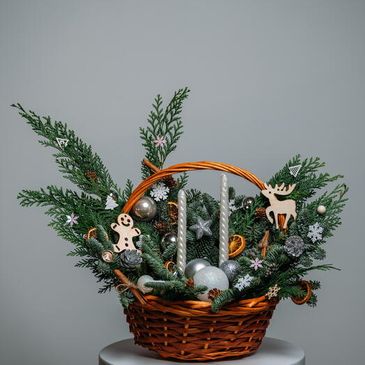 Christmas Basket Arrangement Silver Lights