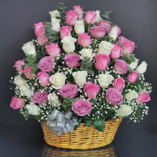 51 Pink White Purple Roses Basket