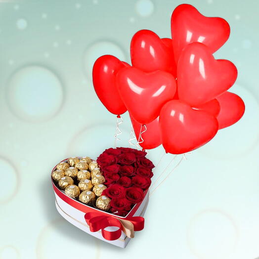 Red Roses And Chocolate With Balloons A
