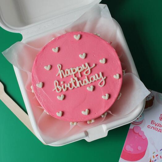 Бенто торт на день рождения розовый с сердечками happy birthday