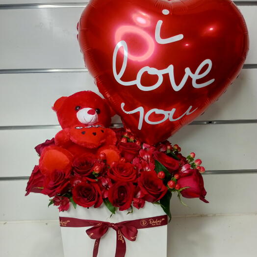 Teddy Bear-Balloon N Red Roses Gift Bag Arrangement