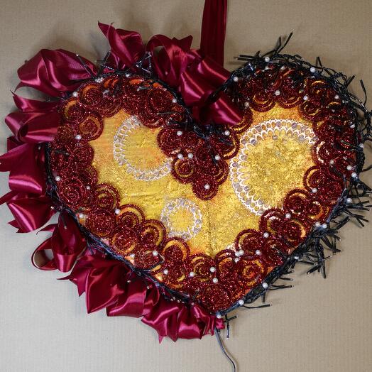 Авторский светильник "Большое красное сердце" 55Х40 си, Тёплый свет