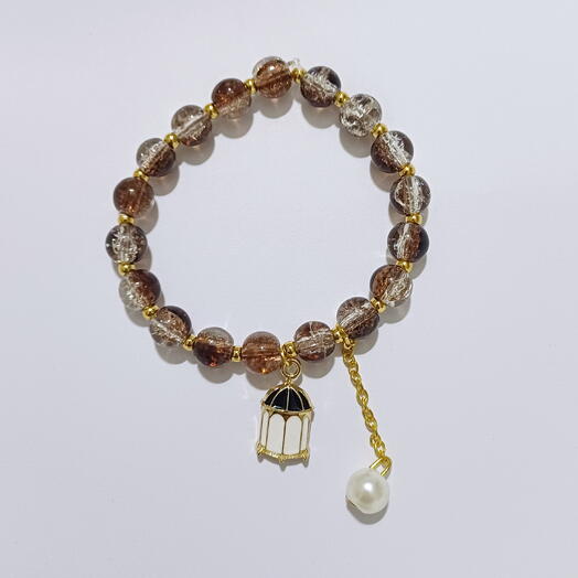 Brown crackle  beads bracelet with cage charm