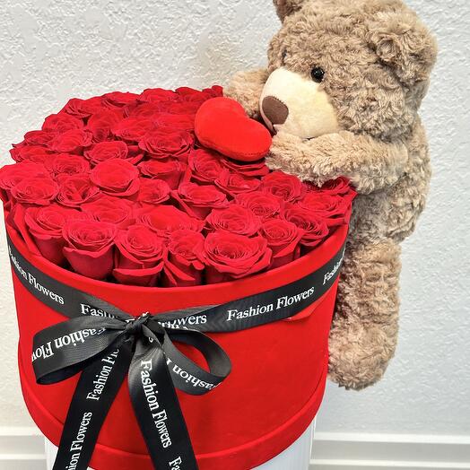 Roses 50 ,flowers in a velvet box with a teddy bear