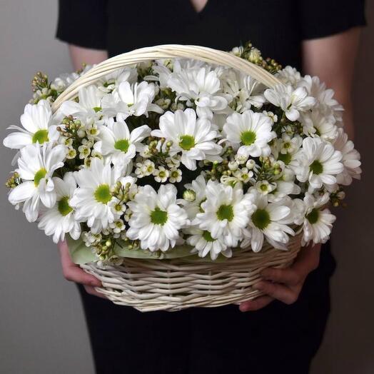 Корзина с кустовой хризантемой и хамелациумом