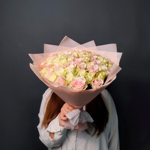 Bouquet of white and pink roses 51 pieces