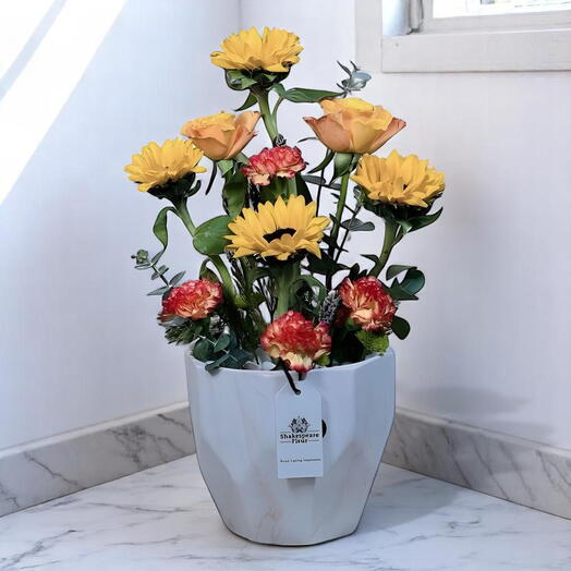 Blossom Fusion Ensemble – Sunflowers, Roses   Cornish Flowers in White Vase
