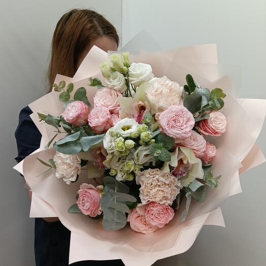 Bouquet of peony-shaped bush roses, dianthus, orchid, chamomile