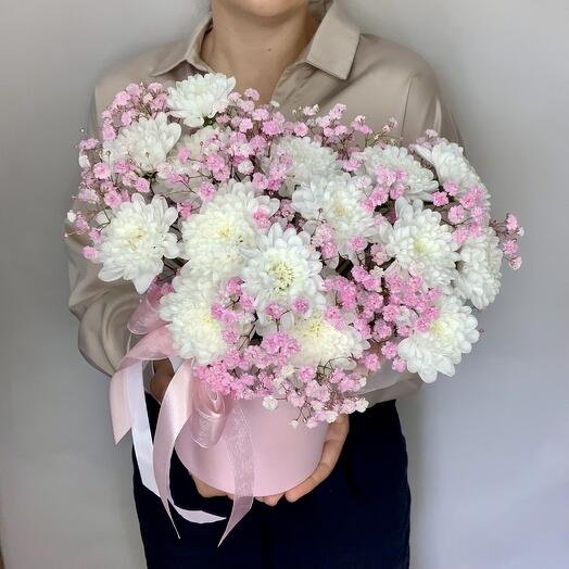 Цветы в коробке (Микс хризантемы и гипсофилы 💕)