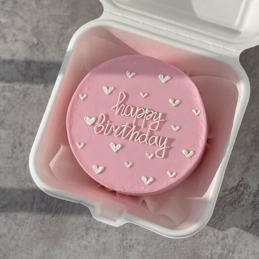 Бенто торт S розовый с сердечками happy birthday на день рождения девушке маме подруге сестре