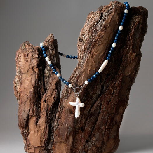 Unique Necklace with Dark Blue Jasper and Baroque Pearls