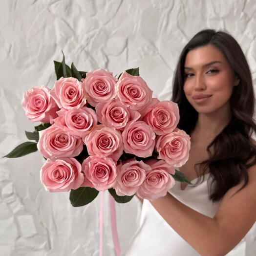 15 pink roses with ribbons