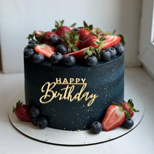 Торт с ягодами синий 💙 с топпером Happy birthday