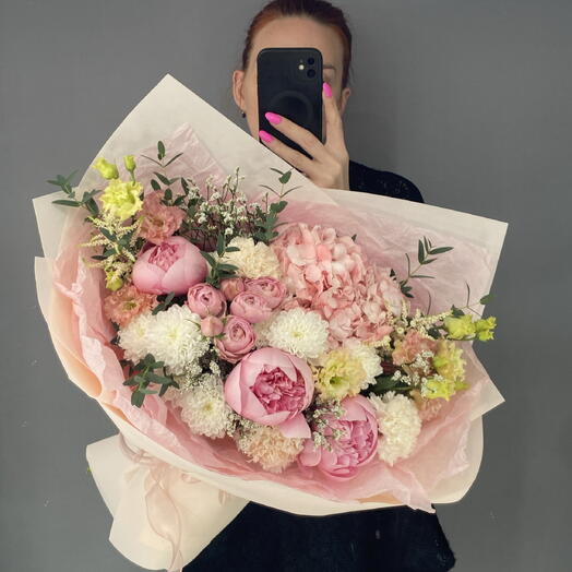 Букет эксклюзивный 💖 пудровая гортензий 🌸 крупные розовые пионы 🌺 кустовая пионовидная Роза 🌹