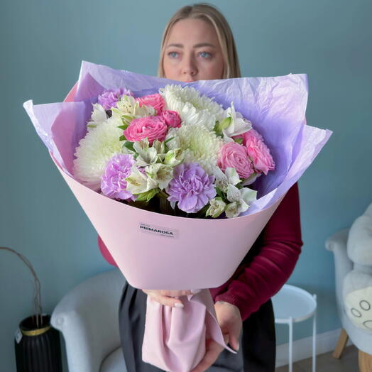 Букет «Сиреневый туман» с хризантемой Магнум, розой и гвоздикой💜🌸 40441