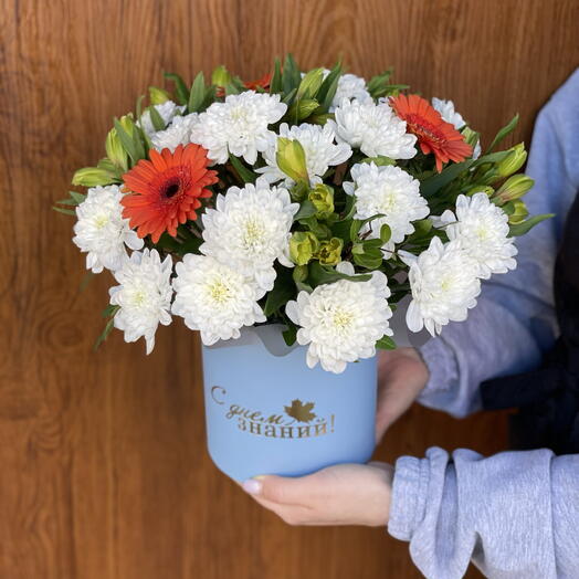 Коробочка в голубом цвете на 1 Сентября с герберами, альстромерий и кустовой хризантеме в стильной переноске