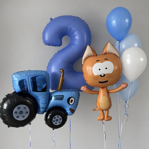 🚜 Набор воздушных шаров «Синий трактор и котёнок Котэ»