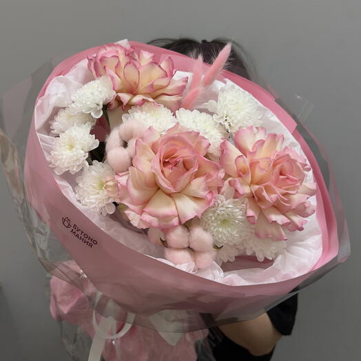 Букет французские розы , хризантемы, хлопок, лагурус 🎀