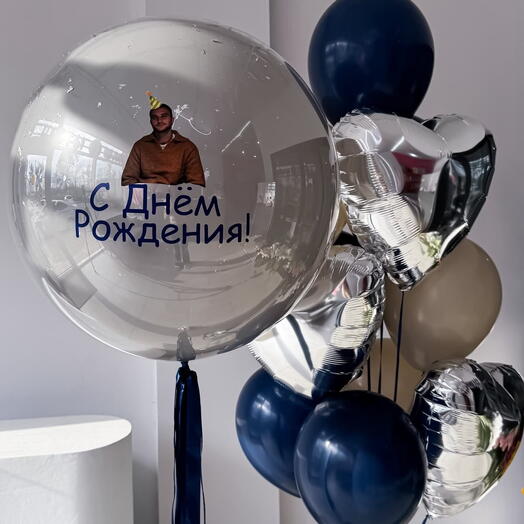 Большой шар с фото и фонтан из 11 шаров