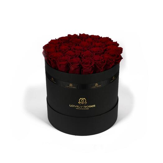 Dark Red Preserved Roses in a Large Round Box