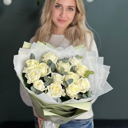 Bouquet of white roses with eucalyptus