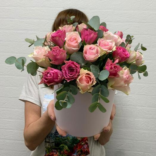 Composition of Kenyan Roses with Eucalyptus