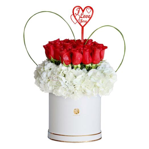 Buter Cup - Valentines Red Roses and White Hydrangea Box