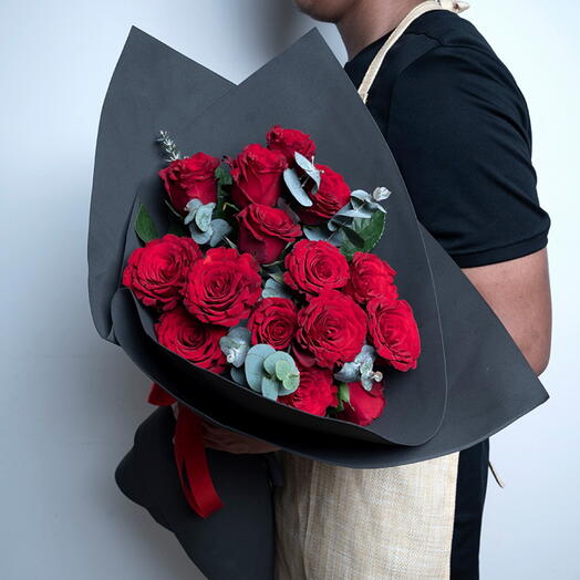15 Red Roses Bouquet With Eucalyptus