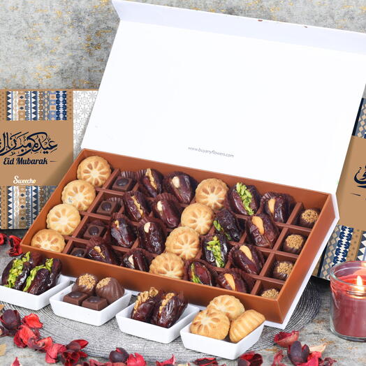 Eid Stuffed Dates Mamoul and Chocolates By Sweecho 32 Pcs Blue