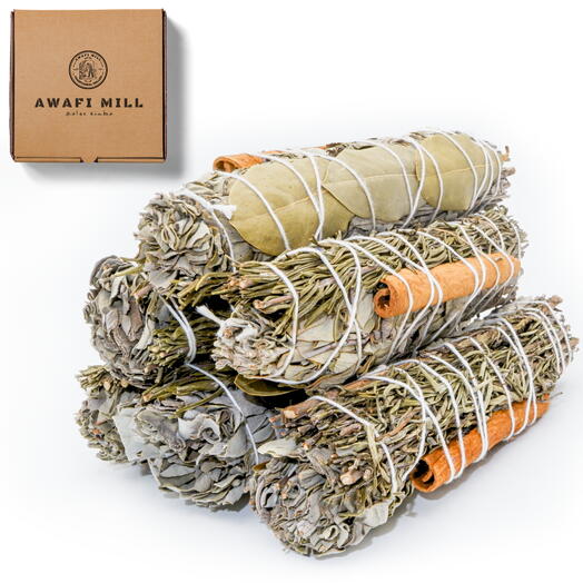 AWAFI MILL Sage With Spice Smudge Stick | Bay Leaf, Cinnamon, Rosemary and White Sage - Pack of 5 Sticks