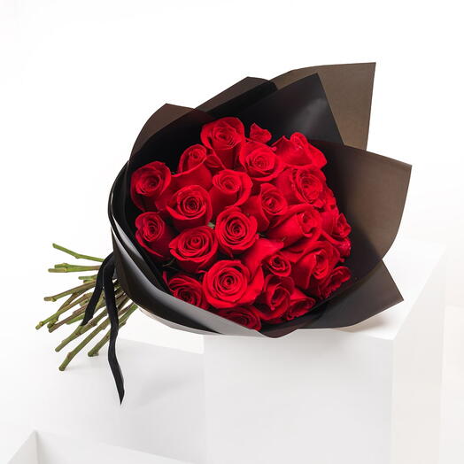 Crimson Elegance: 25 Red Roses, Stylish Black Wrap