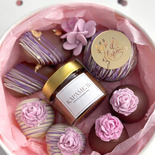 Set for March 8 with caramel, chocolate bomb , potato cake