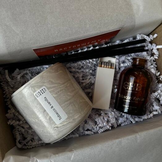 День отца. Подарочный набор для него. "Табак и ваниль" свеча 200мл и аромадиффузор 50 мл