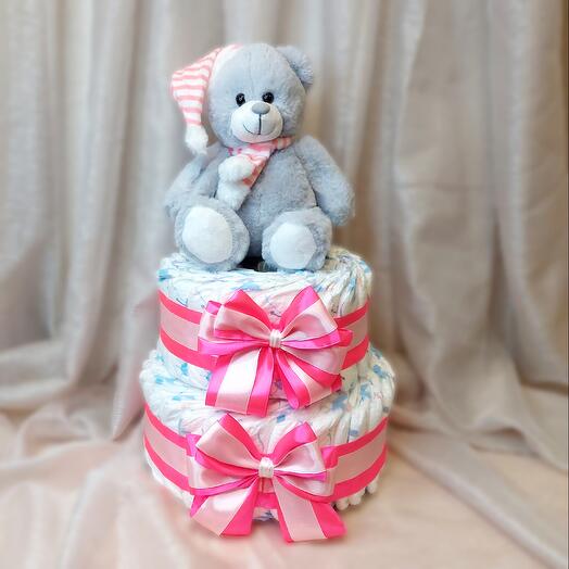 Торт из памперсов для Новорожденного Мишка с в колпачке (розовый)