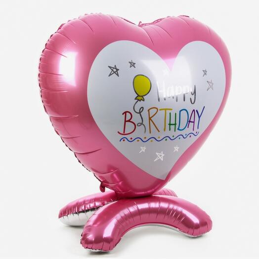 Шар гигант сердце розовое "Happy birthday" на подставке (1шт)