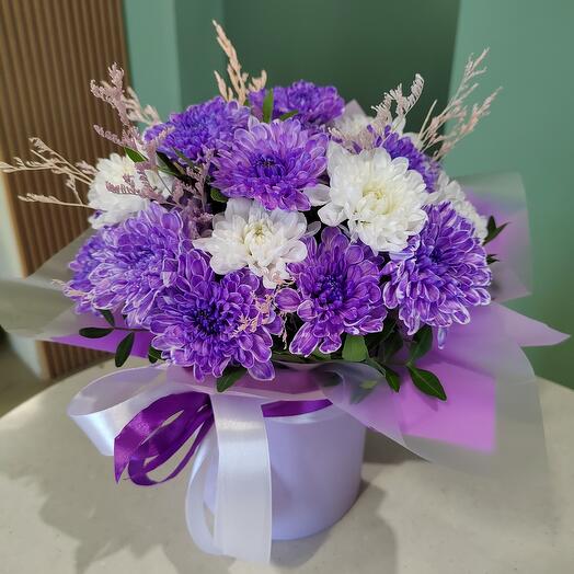 Хризантемы в коробочке, фиолетовый микс