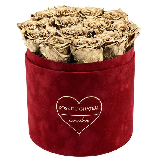 Arany örök rózsák vörös virágdobozban ajándékba Rose du Chateau