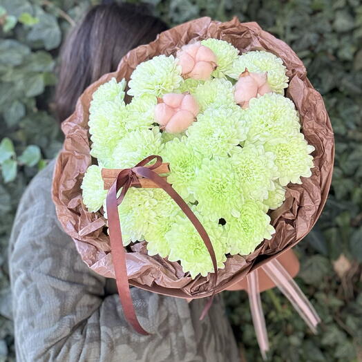 🌸Букет хризантем фисташкового цвета с  хлопком и палочками ароматной корицы