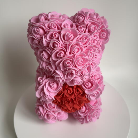 Мишка из роз фоамирана с сердцем — подарочный Rose Bear (розовый)