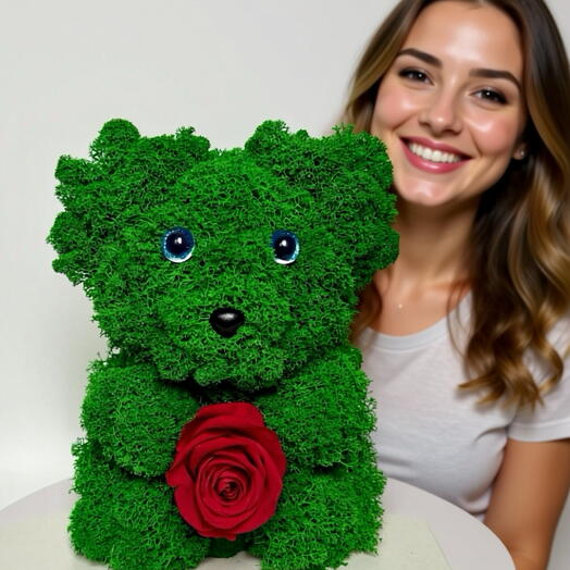 "Moss Teddy Love" Необычная Композиция Мишка со Стабилизированной Розой и Мхом