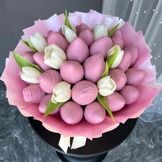 Pink Tulip Chocolate Strawberry Bouquet